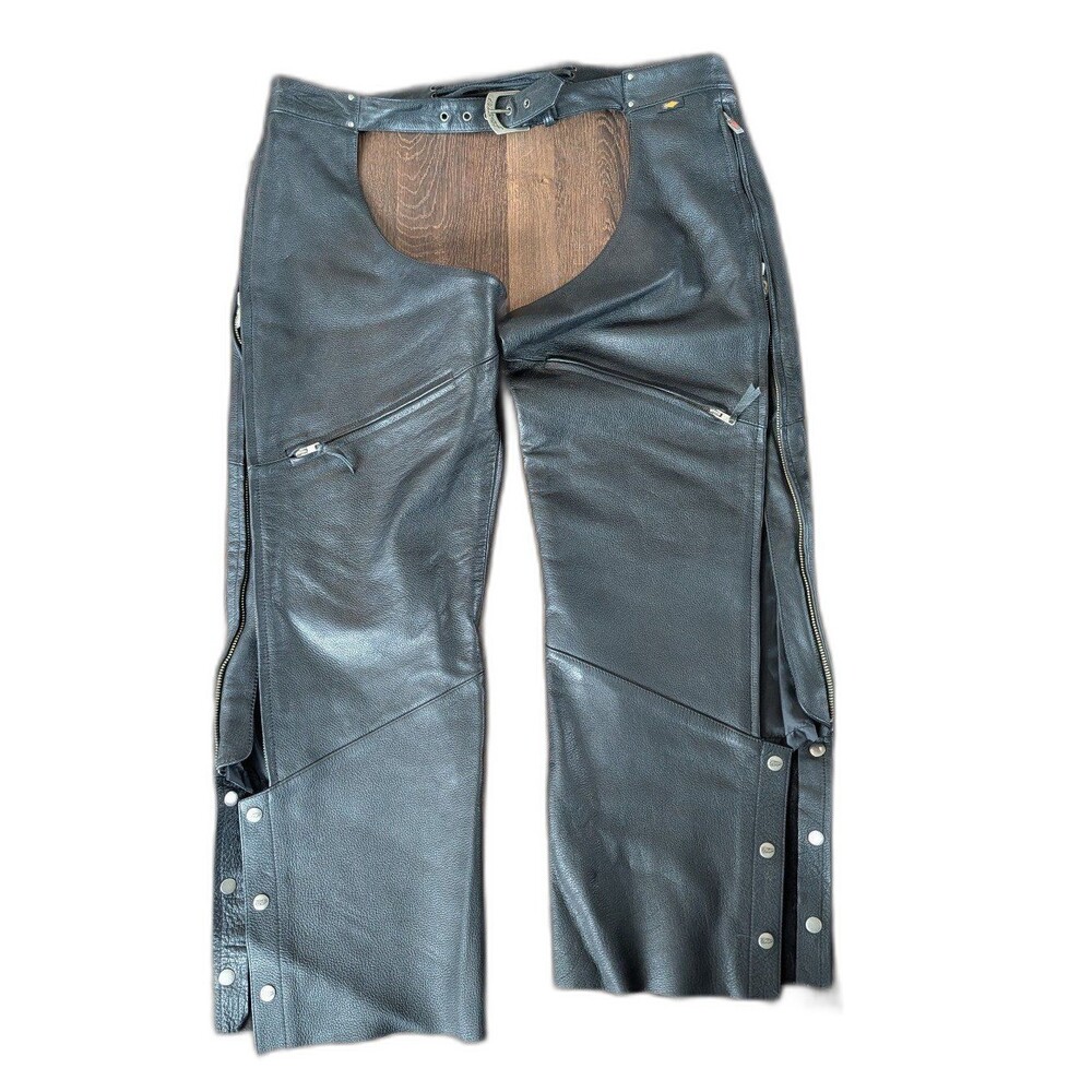 Power Trip Genuine Leather Motorcycle Riding Chaps Black Zipper Pockets Size M
